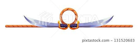 Marine and nautical divider, corsair border frame, piracy decoration. Cartoon vector pirate emblem featuring two crossed cutlasses joined by a central coiled rope circle and horizontal rope line Marine and nautical divider, corsair border frame, piracy decoration. Cartoon vector pirate emblem featuring two crossed cutlasses joined by a central coiled rope circle and horizontal rope line 131520683