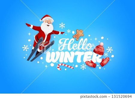 Christmas quote hello winter, vector banner. Fun seasonal greeting card with Santa Claus skiing, surrounded by snowflakes, mittens, a hat, candy cane, and gingerbread cookie on a blue snowy background Christmas quote hello winter, vector banner. Fun seasonal greeting card with Santa Claus skiing, surrounded by snowflakes, mittens, a hat, candy cane, and gingerbread cookie on a blue snowy background 131520694