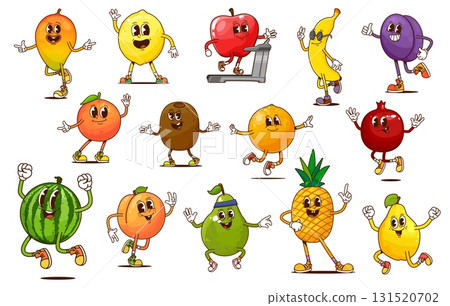 Cartoon funny groovy fruit characters with happy faces. Retro hippie apple, orange, pineapple and mango food vector personages. Funny groovy psychedelic banana, watermelon and kiwi fruit characters 131520702