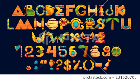 Cartoon Egyptian font or ancient pharaoh typeface and mythology type, vector game alphabet. Ancient Egypt font letters of pyramid and mummy with scarab and pharaoh mask with Anubis god in typeface 131520705