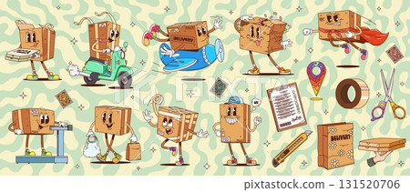 Cartoon groovy delivery cardboard box characters, vector post and delivery service. Retro psychedelic carton box, cardboard parcel and brown paper package characters with postage stamps and duct tape 131520706