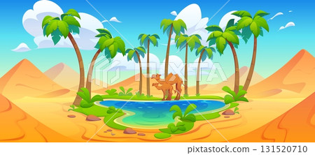 Middle East or Egypt desert oasis landscape with palms and camels. Vector background of cartoon oasis nature landscape with sand dunes, palm trees and green plants, camel animals, river or lake water 131520710