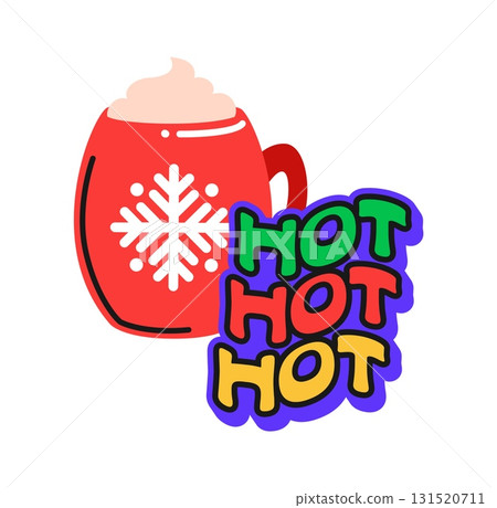 Christmas hot drink Y2K funky sticker or patch. Winter holiday 60s patch, Christmas groovy Y2K vector sticker. New Year festive vintage tag with red mug of hot beverage and colorful typography Christmas hot drink Y2K funky sticker or patch. Winter holiday 60s patch, Christmas groovy Y2K vector sticker. New Year festive vintage tag with red mug of hot beverage and colorful typography 131520711