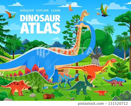 Prehistoric dinosaur reptile characters on atlas book cover template. Dino creatures in a lush Jurassic era landscape. Vector animal species representing a journey through time to the ancient world Prehistoric dinosaur reptile characters on atlas book cover template. Dino creatures in a lush Jurassic era landscape. Vector animal species representing a journey through time to the ancient world 131520712