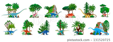 Cartoon prehistoric dinosaurs and jurassic reptiles. Vector dino animal characters with ancient forest trees and waterfall. Funny ampelosaurus, haplocanthosaurus, dryosaurus and anchisaurus dinosaurs 131520725