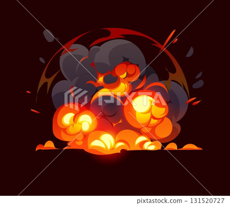 Cartoon bomb explosion and magic smoke effect, red fire cloud. Comic bomb fire blast. Vector fiery boom gui effect with dynamic flames, sparks, and energy bursts. Dynamite or magical bang power attack 131520727