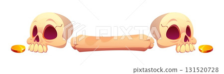Marine and nautical divider, pirate and corsair border frame, piracy decoration with two skulls facing inward, a central parchment scroll, and gold coins on each side. Vector emblem for treasure maps 131520728