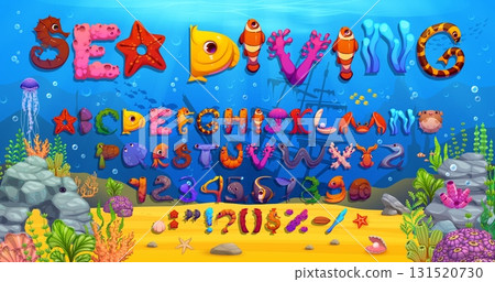 Underwater font, cartoon sea animals type, funny ocean characters typeface, English alphabet. Vector playful marine abc featuring ocean creatures and elements forming letters, numbers, and symbols Underwater font, cartoon sea animals type, funny ocean characters typeface, English alphabet. Vector playful marine abc featuring ocean creatures and elements forming letters, numbers, and symbols 131520730