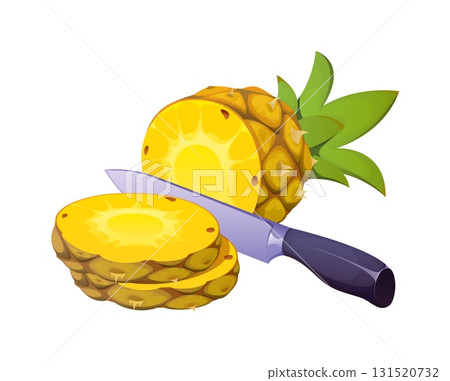 Cartoon sliced pineapple with juicy golden rings and a sharp kitchen knife utensil, highlighting cooking process, tropical fruit texture, freshness, cook and preparation food in action 131520732