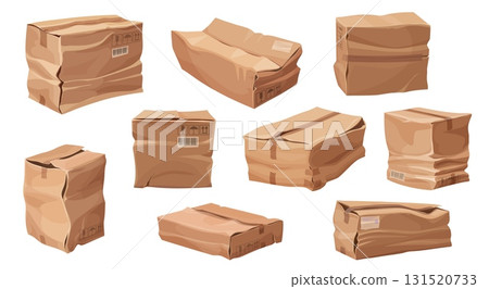 Deformed broken damaged crumpled cardboard box packages, crushed or ripped cargo delivery parcels. Vector set of crushed containers, spoiled soaked packs showing logistics and postal shipping issues 131520733