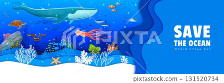 World oceans day banner with underwater landscape. Save the ocean paper cut with sea animals. Vector 3d environmental conservation protection awareness with whale, marine creatures and coral reefs World oceans day banner with underwater landscape. Save the ocean paper cut with sea animals. Vector 3d environmental conservation protection awareness with whale, marine creatures and coral reefs 131520734
