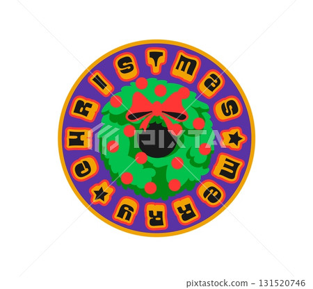 Christmas wreath Y2K funky sticker or label. Winter holiday groovy Y2K tag, Christmas festive vector sticker. New Year festive vintage 60s label with red bow on Xmas wreath and funky typography 131520746