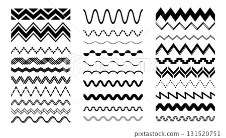 Zigzag wave line borders or zig zag with wavy geometric or curvy and sharp angles, vector set. Abstract zigzag wave line borders of wiggle squiggle curves or squiggly zig zag parallel ripple waveform 131520751