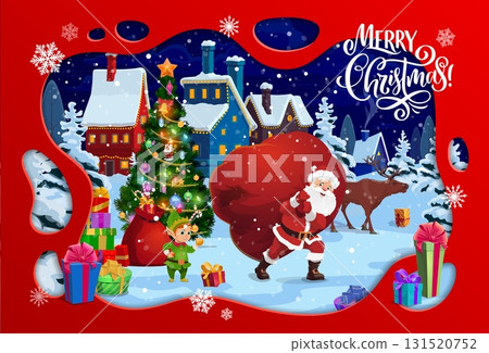 Christmas paper cut banner with Santa carrying big bag of gifts, cartoon vector. Merry Christmas winter holiday greeting card with Santa and funny elf with gifts in night village town in paper cut 131520752