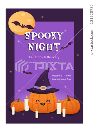 Spooky Night Halloween Party Poster with Pumpkin, glowing candles, bats. event promotion, flyers 131520783