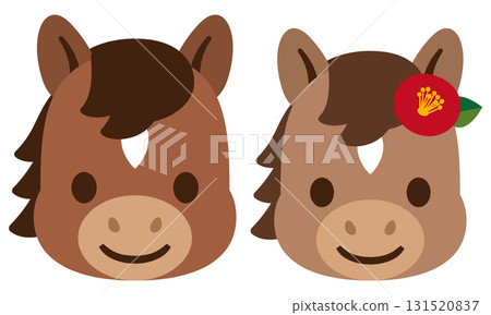 一組可愛的馬情侶臉、山茶花和飾品、情侶插畫 131520837