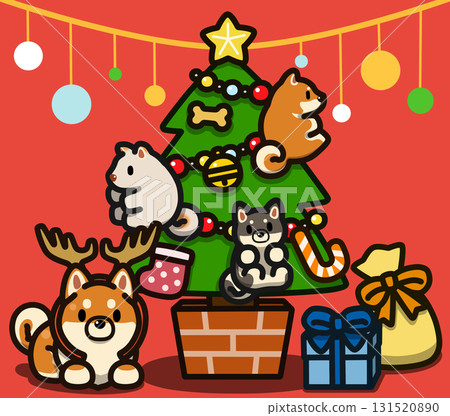 Christmas tree and Shiba Inu dressed as a reindeer 131520890