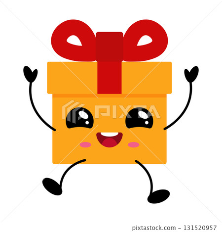 Kawaii gift box illustration with cheerful expression and playful arms for festive occasions Kawaii gift box illustration with cheerful expression and playful arms for festive occasions 131520957
