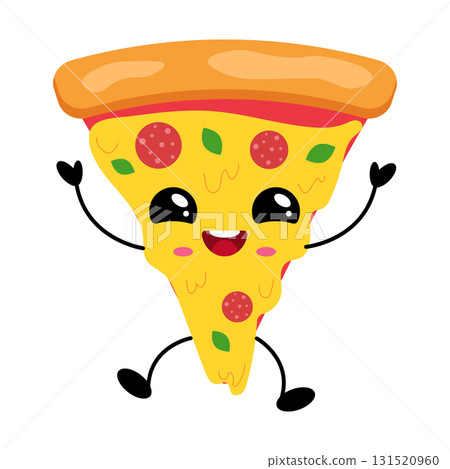 Kawaii pizza character with a cheerful expression and playful pose, perfect for fun designs 131520960