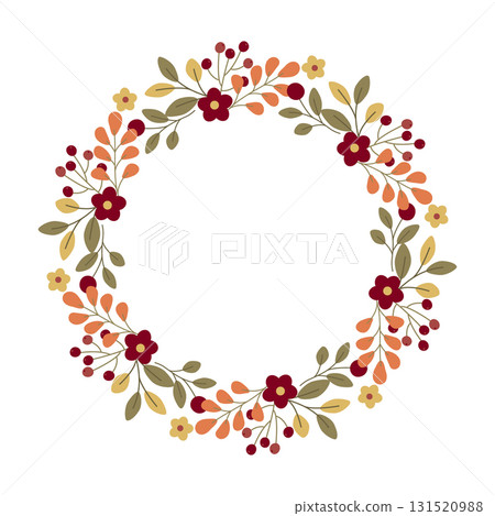 Decorative floral wreath with autumn flowers, berries and leaves in warm rustic colors Decorative floral wreath with autumn flowers, berries and leaves in warm rustic colors 131520988
