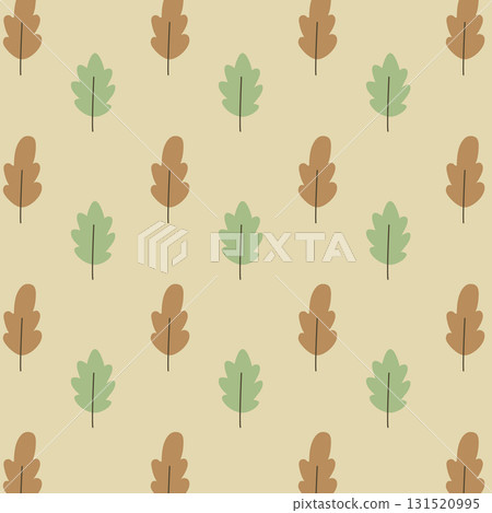 Seamless autumn pattern with brown and green leaves on beige background 131520995