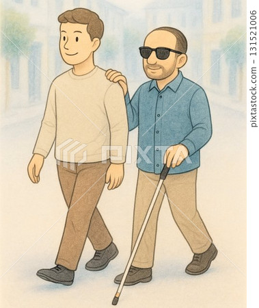 一名男子用肩膀為視障人士引路 131521006