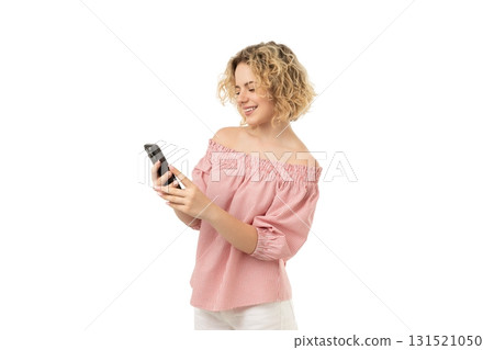 Woman using smartphone in bright light, isolated on white, PNG 131521050