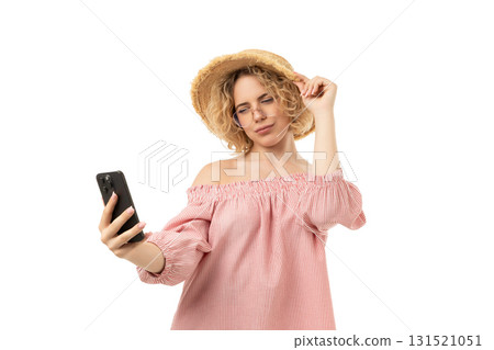 Woman in off-shoulder top enjoys taking a selfie, isolated, PNG 131521051