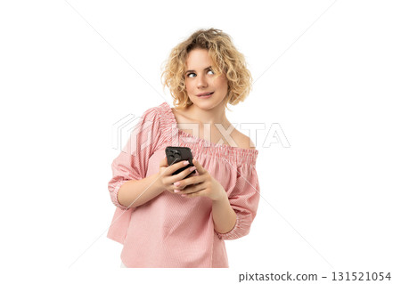 Woman with smartphone deep in thought, isolated on white, PNG Woman with smartphone deep in thought, isolated on white, PNG 131521054