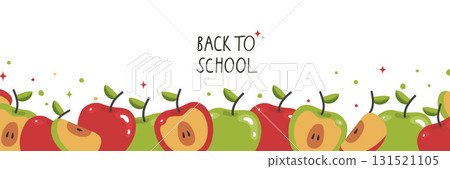 Back to school template vector poster background. Red, green, yellow apples on a white Back to school template vector poster background. Red, green, yellow apples on a white 131521105