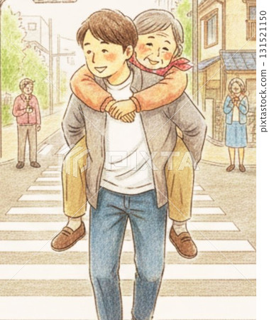 一名年輕男子背著祖母穿過人行橫道的插圖 131521150