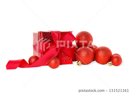 Red gift box with shiny holiday ornaments, on white, PNG 131521161