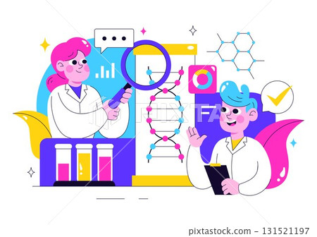 Genetics Testing Illustration Featuring DNA Molecule Structure, Scientific Research, and Laboratory Experiment with Scientists in a Technological 131521197