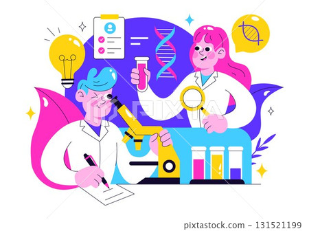 Genetics Testing Illustration Featuring DNA Molecule Structure, Scientific Research, and Laboratory Experiment with Scientists in a Technological 131521199