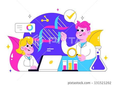 Genetics Testing Illustration Featuring DNA Molecule Structure, Scientific Research, and Laboratory Experiment with Scientists in a Technological Genetics Testing Illustration Featuring DNA Molecule Structure, Scientific Research, and Laboratory Experiment with Scientists in a Technological 131521202