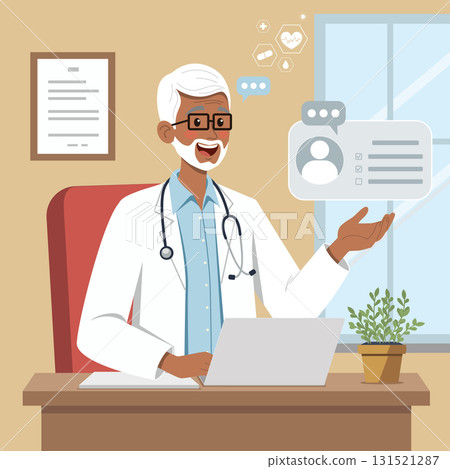 Senior Doctor Giving Online Consultation at Desk with Laptop Senior Doctor Giving Online Consultation at Desk with Laptop 131521287