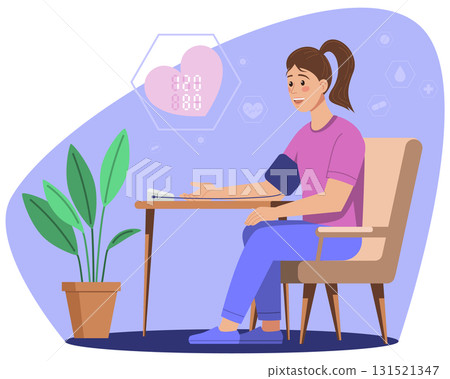 Young Woman Measuring Blood Pressure at Home Young Woman Measuring Blood Pressure at Home 131521347