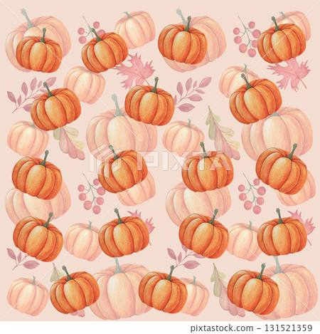 Watercolor seamless pattern of orange pumpkins, autumn leaves, and red berries on a beige and pink background. Suitable for textile design, gift wrapping paper, cards, invitations, and food packaging. 131521359
