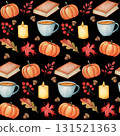 Watercolor seamless pattern with orange pumpkins, autumn leaves, red berries, a cup of warm drink, candles and a book on black background. Suitable for textile design, gift wrapping paper, cards 131521363