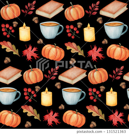 Watercolor seamless pattern with orange pumpkins, autumn leaves, red berries, a cup of warm drink, candles and a book on black background. Suitable for textile design, gift wrapping paper, cards Watercolor seamless pattern with orange pumpkins, autumn leaves, red berries, a cup of warm drink, candles and a book on black background. Suitable for textile design, gift wrapping paper, cards 131521363