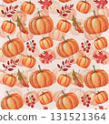 Watercolor seamless pattern of orange pumpkins, autumn leaves, and red berries on a beige and pink background. Suitable for textile design, gift wrapping paper, cards, invitations, and food packaging 131521364