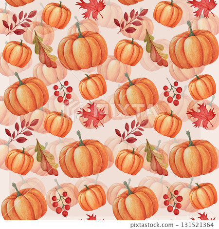 Watercolor seamless pattern of orange pumpkins, autumn leaves, and red berries on a beige and pink background. Suitable for textile design, gift wrapping paper, cards, invitations, and food packaging Watercolor seamless pattern of orange pumpkins, autumn leaves, and red berries on a beige and pink background. Suitable for textile design, gift wrapping paper, cards, invitations, and food packaging 131521364