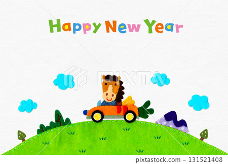 A fun appliqué New Year's card featuring a driving horse (horizontal, no greeting) for 2026 131521408