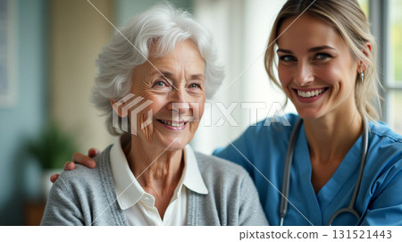 A cheerful female caregiver providing emotional support to a happy elderly woman at home. A cheerful female caregiver providing emotional support to a happy elderly woman at home. 131521443