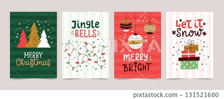 Christmas card set with decorations and calligraphy. Minimalist simple festive vector design templates 131521680