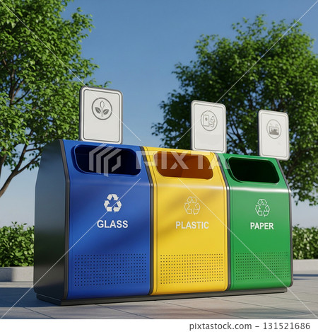 Photo of modern trash bins in an ecologically clean urban environment. Photo of modern trash bins in an ecologically clean urban environment. 131521686