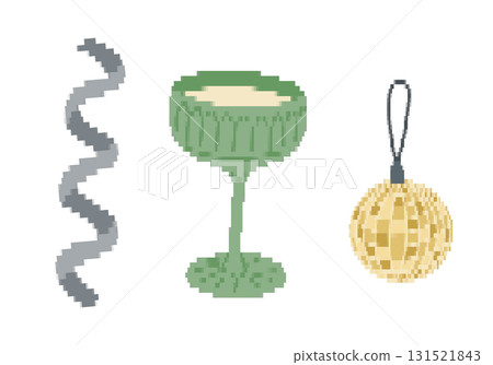 Pixel style vector illustration of holiday elements with champagne glass, ribbon and golden ball on white background. Concept of new year, celebration and festive decoration Pixel style vector illustration of holiday elements with champagne glass, ribbon and golden ball on white background. Concept of new year, celebration and festive decoration 131521843
