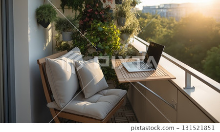 Minimalist balcony workspace with laptop on foldable table, cushion chair and vertical garden at sunset. Concept of modern work-life balance, home office serenity and connection with nature Minimalist balcony workspace with laptop on foldable table, cushion chair and vertical garden at sunset. Concept of modern work-life balance, home office serenity and connection with nature 131521851