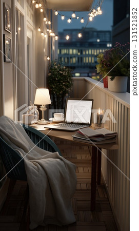 Cozy evening balcony workspace with glowing lights, open laptop, books, candles and hot drink beside blanket-draped chair. Concept of remote work comfort, urban lifestyle and warm personal retreat 131521852