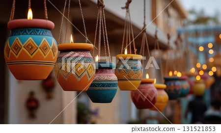 Colorful handcrafted hanging pots with lit flames forming festive Navaratri decorations along street. Concept of cultural celebration, handcrafted art and festival of lights and devotion Colorful handcrafted hanging pots with lit flames forming festive Navaratri decorations along street. Concept of cultural celebration, handcrafted art and festival of lights and devotion 131521853